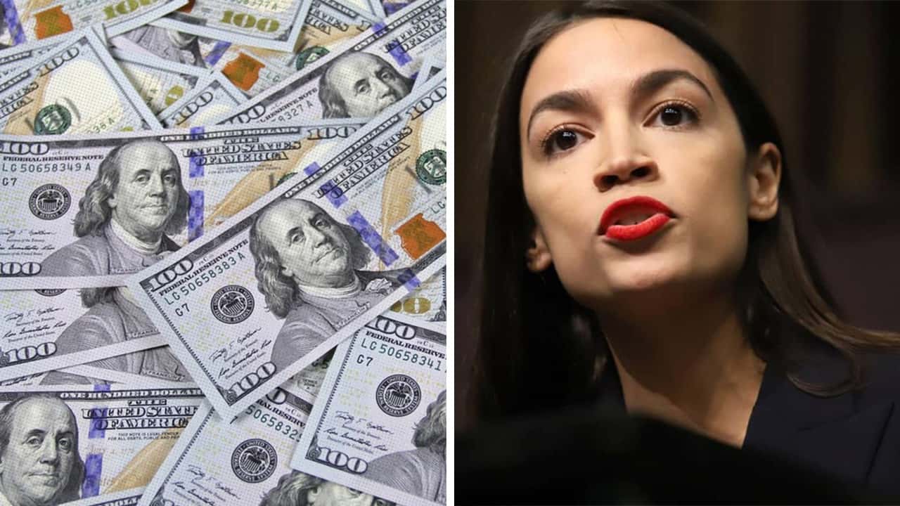 Composite image of $100 bills and Rep. Alexandria Ocasio-Cortez