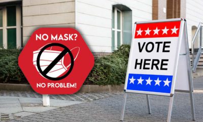 A composite image showing a No Mask No Problem sign next to a polling site