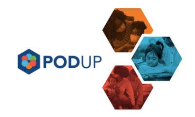 Collage of photos illustrating the concept behind Bitwise Industries PodUp online service that links families to online schooling and childcare during the COVID-19 pandemic