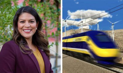 Side-by-side panel images of Esmeralda Soria and a bullet train ide p0