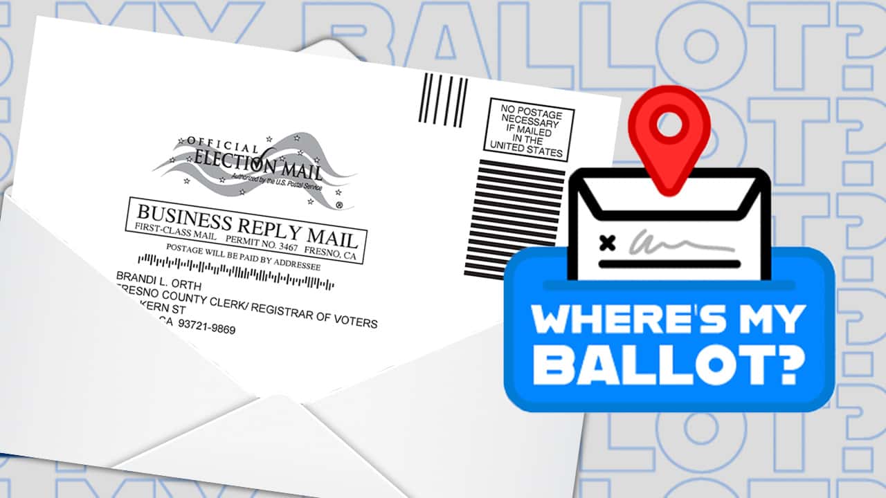 Composite image of a vote-by-mail ballot and the words "Where's My Ballot?"