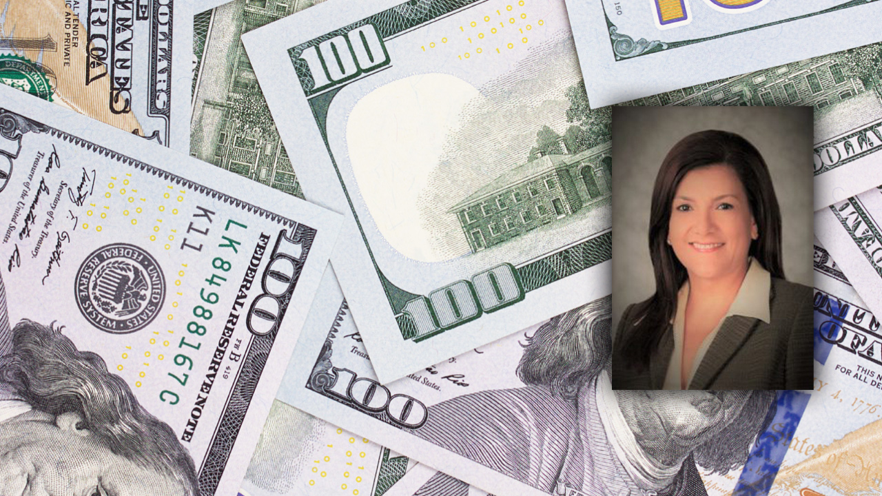 Portrait of former FUSD CFO Ruthie Quinto and a montage of $100 bills