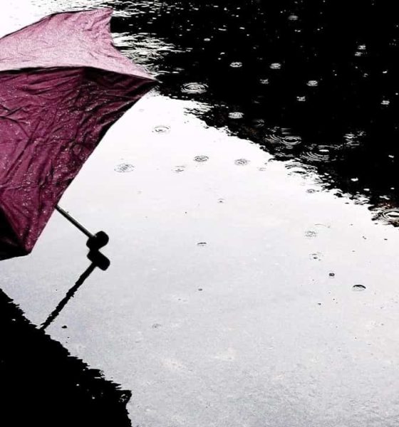 Photo of an umbrella on the ground during a rain shower